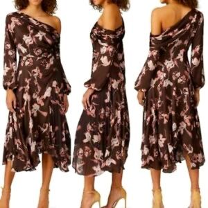 AMUR Lorraine One Shoulder Silk Dress Brown Size 6